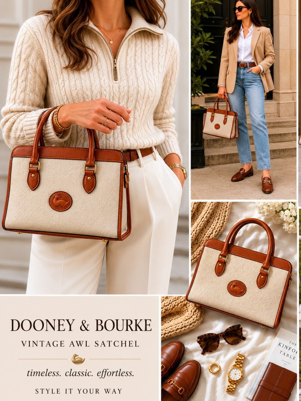 Dooney & Bourke AWL Vintage Pebbled Leather Satchel – Ivory & Tan - Picture 2 of 11